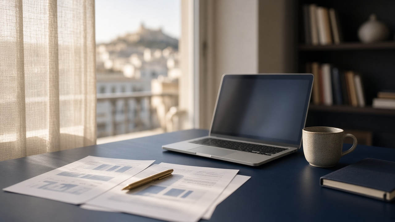 A finance desk in Athens with the management pack prepared for a decision