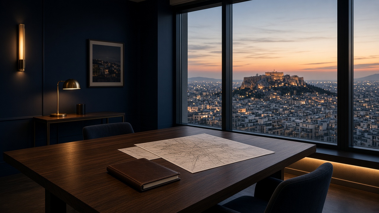 Athens office at dusk, set for a strategy working session